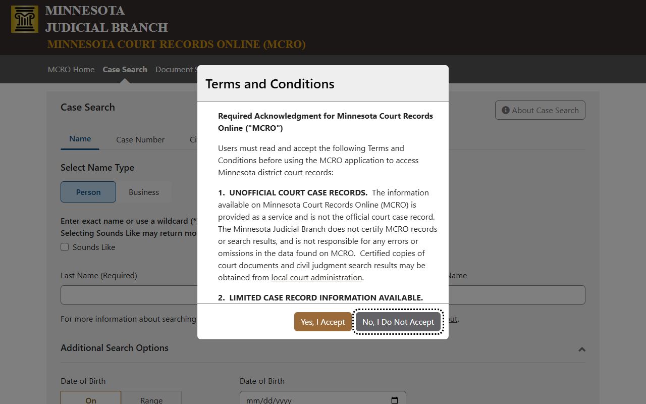 Brown County court records MCRO Case Search fields