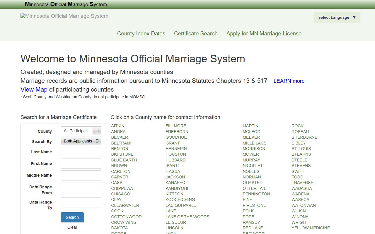 Brown County marriage records Minnesota Official Marriage System