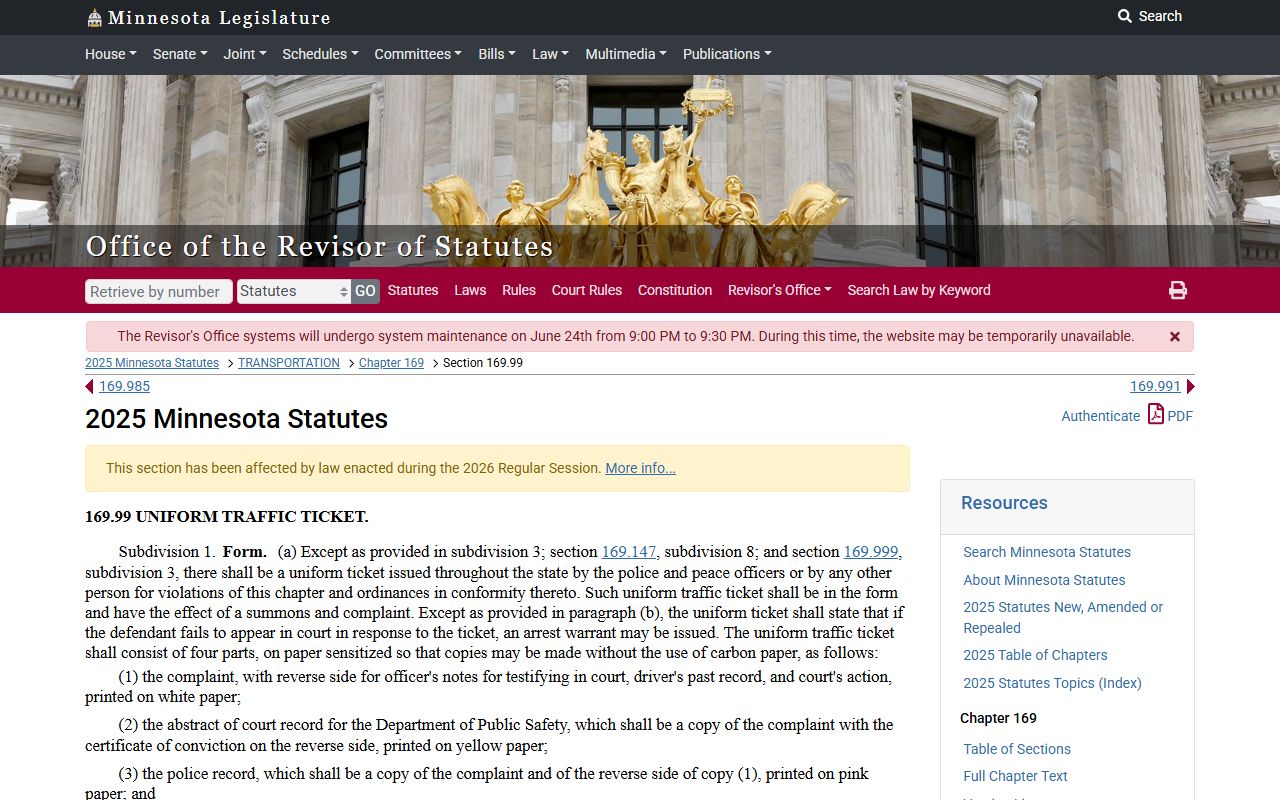 Brown County traffic court records Minnesota uniform traffic citation statute