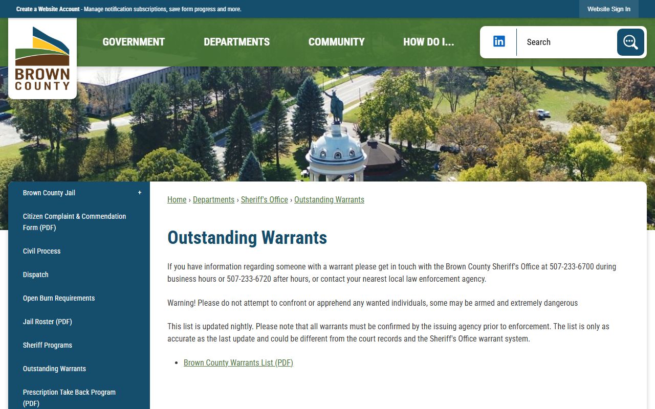 Brown County warrant records outstanding warrants page